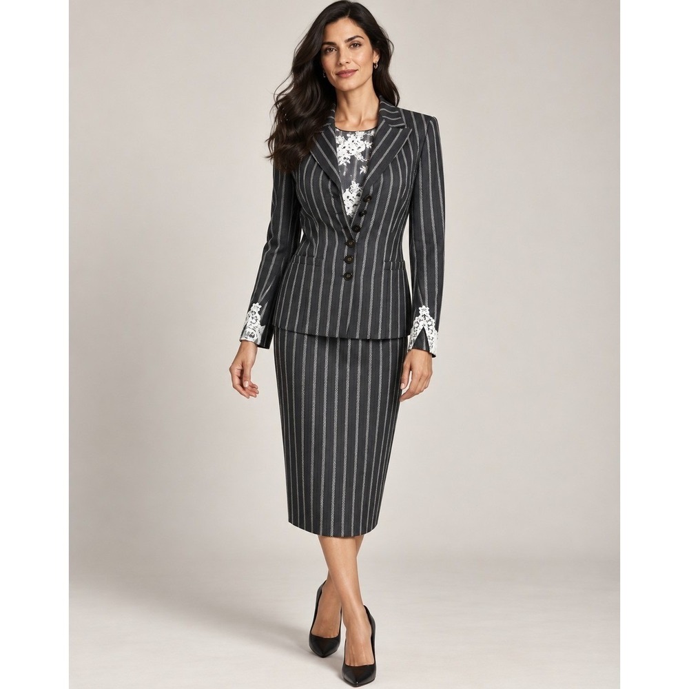 Escada Womens Grey Pinstripe Wool Blend Skirt Suit Set Lace Trim Size 34